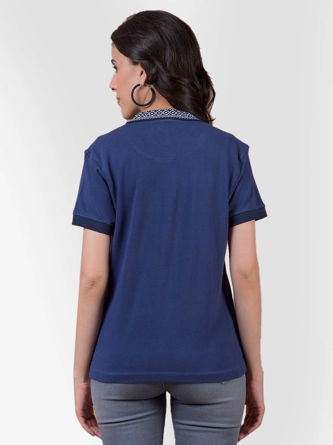 Numero Uno Women Navy Polo Neck T-Shirt With Printed Collar